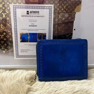 Yves Saint Laurent YSL Bifold Wallet Leather Blue Logo Authenticated W/ COA